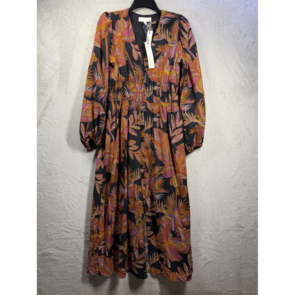 PINCH Leaf Print Midi Dress Womens M Black Orange Boho Button Front Smocked